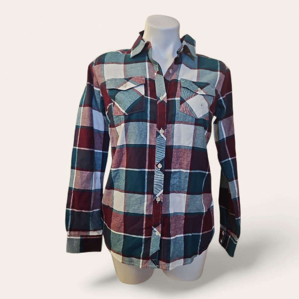Eddie Bauer Women's Plaid Shirt - Green, Red, White